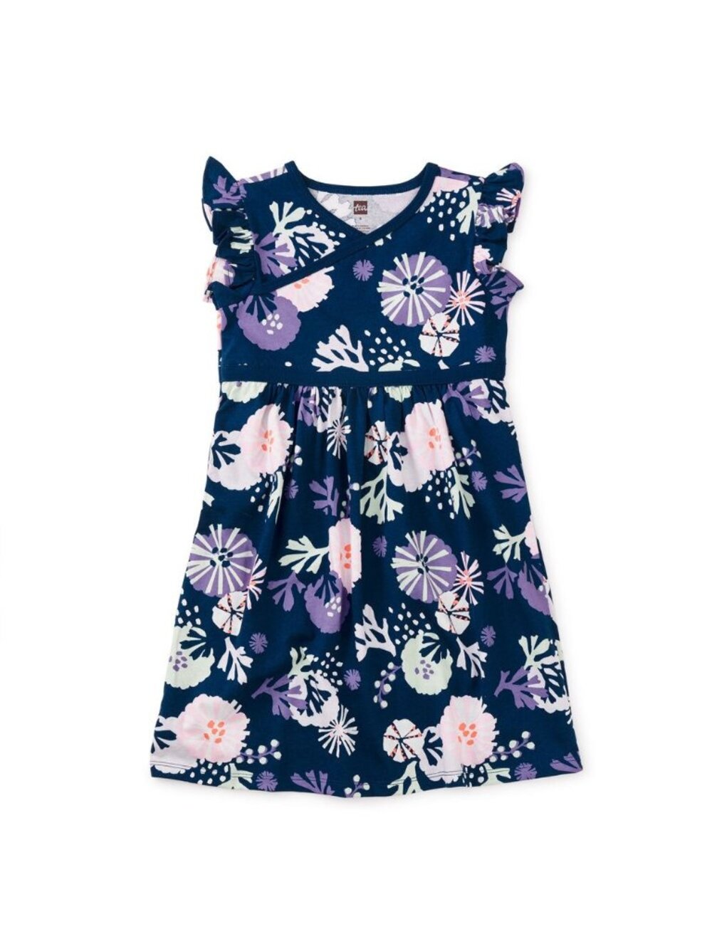 Tea Collection Blue Floral Wrap Neck Dress, Size 10